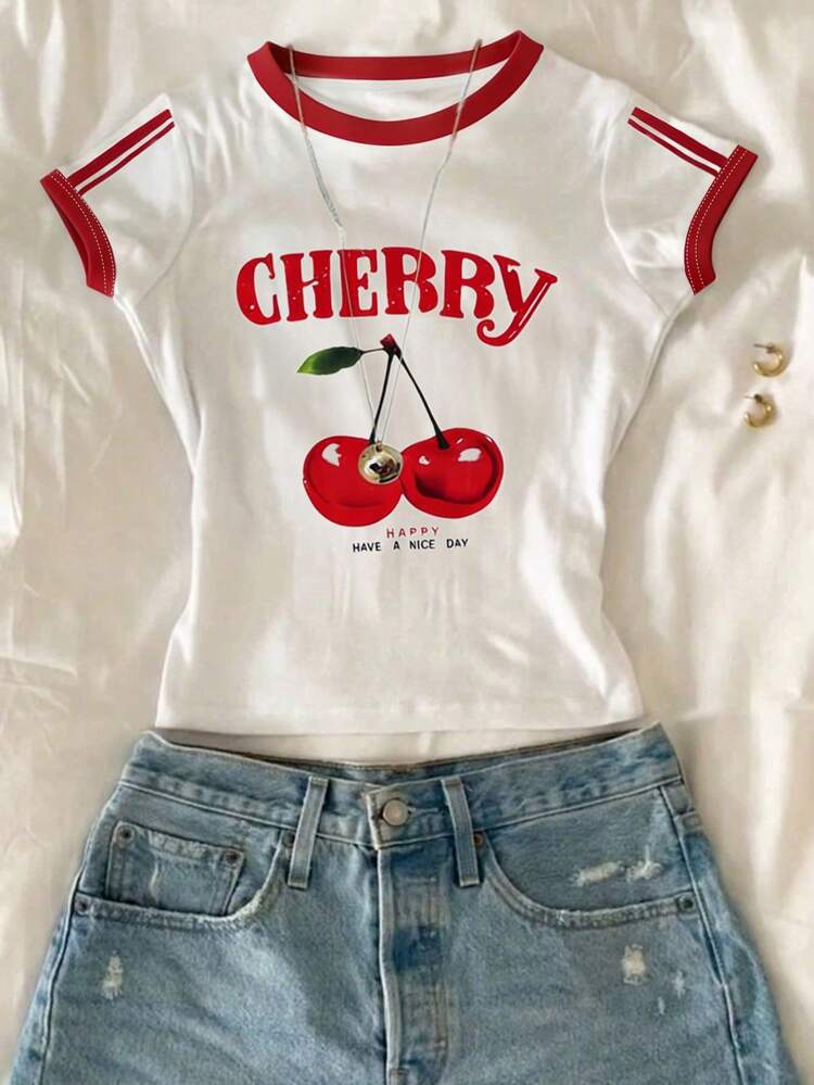 SHEIN Sparklyn 3 قطع/مجموعة تي شيرت قصيرة الأكمام مطبوعة برسومات الكرز للفتيات المراهقات، كاجوال ومريحة، تصميم مناسب للخارج والنزهات والتصوير الشارعي والحرم الجامعي والمهرجانات والهدايا والاستخدام اليومي - متعدد الألوان - مشاهدة 5