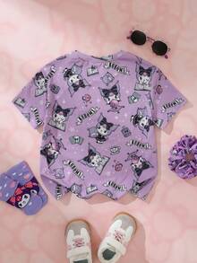 HELLO KITTY AND FRIENDS | SHEIN 少女夏季休閒全幅卡通印花T恤 - 淡紫色 - 查看 2