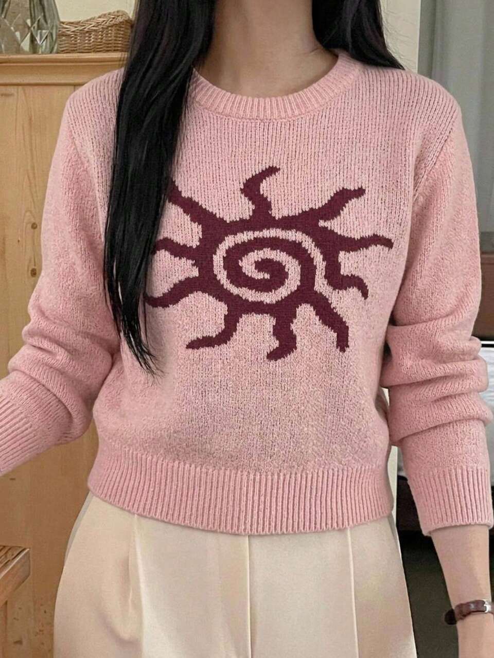 Patterned Jacquard Loose Long Sleeve Casual Girl Vacation Old Money Autumn/Winter Pullover Pink Knit Sweater Women