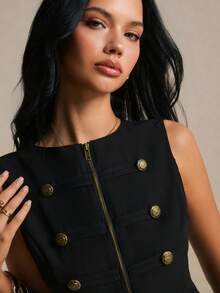 Poéselle 女款時尚復古雙排扣西裝背心 - 黑色 - 查看 4