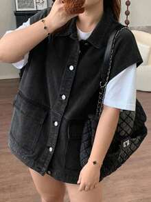 Dazy Plus Vintage Black Denim Large Pocket Turn-Down Collar Sleeveless Denim Vest Top Spring Summer Autumn New Style Cute Tops - Black - View 1