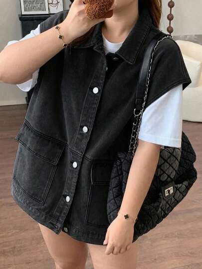 Dazy Plus Rompi Denim Hitam Vintage dengan Kantong Besar dan Kerah Lipat Tanpa Lengan, Atasan Denim Gaya Baru untuk Musim Semi, Musim Panas, dan Musim Gugur