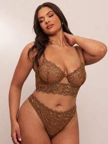 SHEIN BAE CURVE 2 件大码女式黑色刺绣内衣套装，镂空透视薄款长款有骨内衣套装 - 咖啡棕 - 查看 4