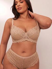 SHEIN BAE 1 件大码女士蕾丝拼布钢圈文胸，舒适，提升 - 棕色 - 查看 4