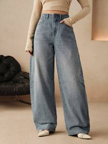 Anewsta Calça Denim Feminina Outono/Inverno Streetwear Casual Moderno Retrô Americano Cintura Alta Cobertura de Quadril Emagrecedora Bolso com Aba Curva 3D Afunilada Azul Claro para Viagem - Lavagem clara - Visão 5