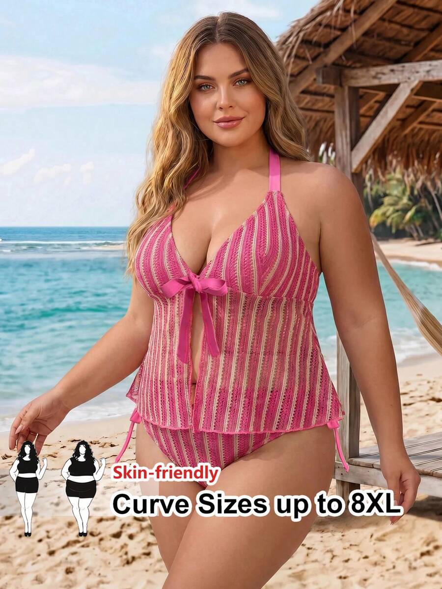 SHEIN CURVE+ 2026新款大尺碼女款條紋網紗掛脖式分體式比基尼套裝