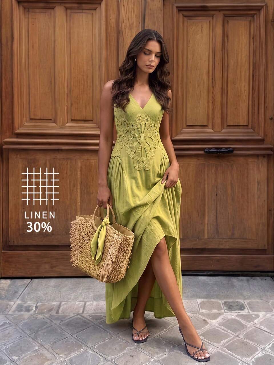 Summer New Deep V-Neck Sleeveless Heavy Embroidery Waist-Cinching Elegant Long Dress For Women, Suitable For Dating, Vacation, Olive Green