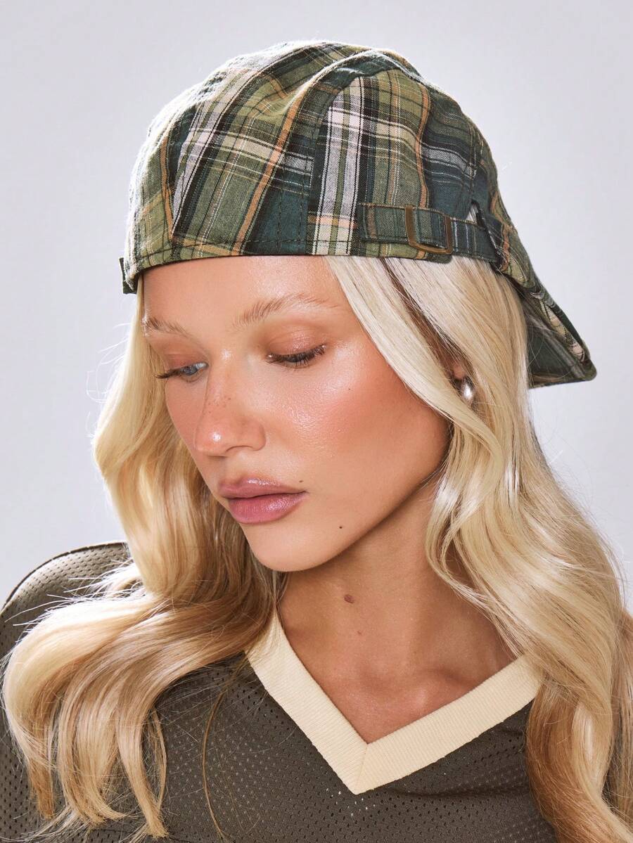 MUSERA Green Contrast Cheque Print Flat Cap Spring Summer Casual Cool Vacation - Green - View 1