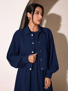 Veilorie Women's Solid Color Pleated Dress And Long Sleeve Cardigan Casual Daily 2-Piece Set - Navy Blue - View 1