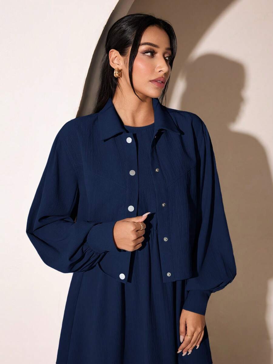 Veilorie Women's Solid Color Pleated Dress And Long Sleeve Cardigan Casual Daily 2-Piece Set - Navy Blue - View 1