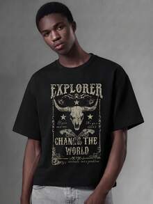 Salvezio American Vintage Western Cowboy Poster Fashion Print Pattern Men's Black Standard Size Drop Shoulder Short Sleeve T-Shirt - Black - View 6