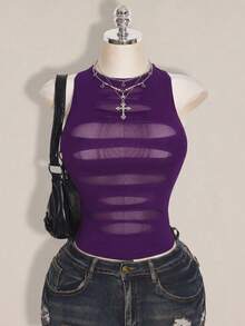 SHEIN ICON 女款網格拼接休閒百搭日常穿搭上衣 - 紫色 - 查看 1