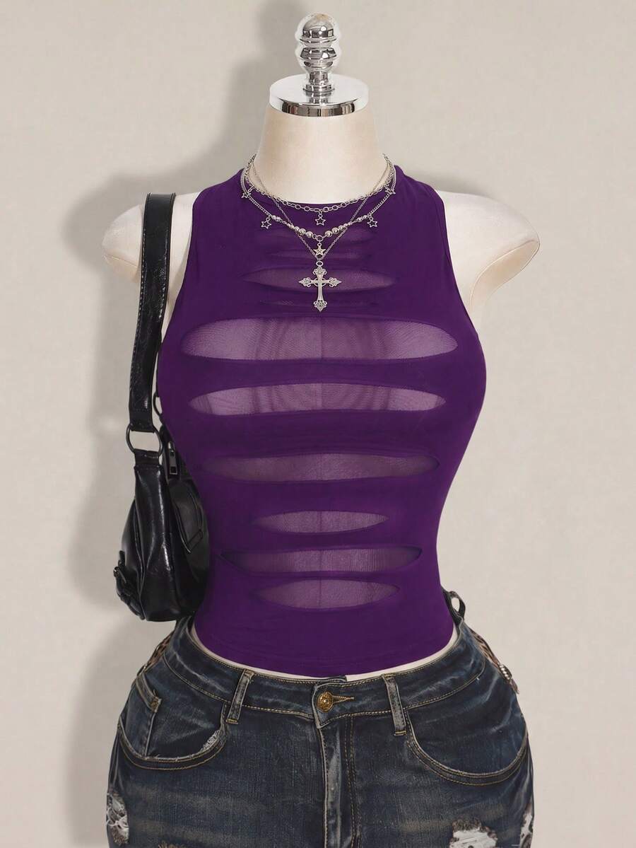 SHEIN ICON 女款網格拼接休閒百搭日常穿搭上衣 - 紫色 - 查看 1