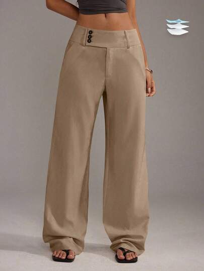 TRNVIE Women's Simple Front Button Straight Leg Pants, Casual Daily Wear Fall Cloth For Women