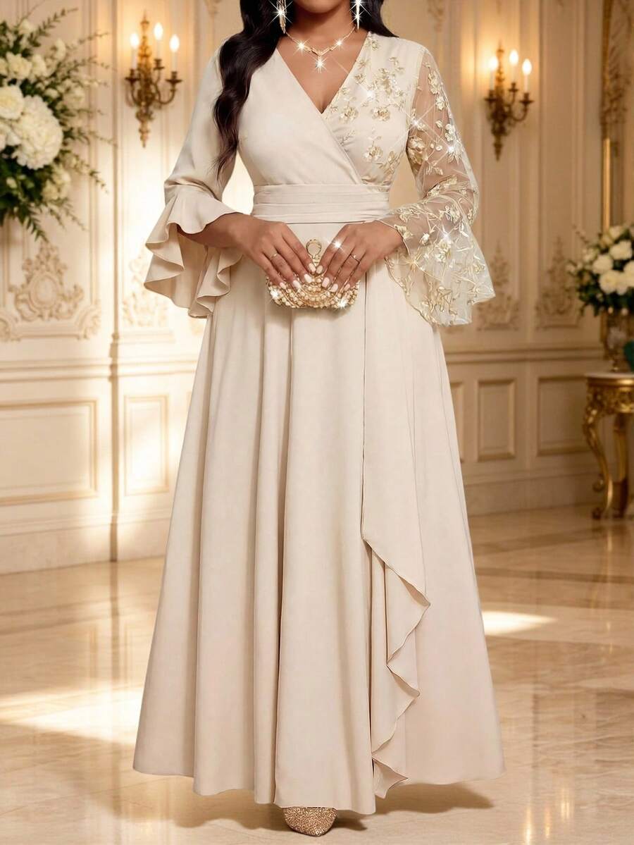 Fleurora Gaun Tradisional Elegan Wanita Ukuran Besar dengan Motif Patchwork Bunga Jala Lengan Lonceng dan Pinggang Berkerut untuk Pernikahan Musim Gugur, Gaun Formal untuk Tamu Pernikahan, Warna Beige. - Khaki - View 1