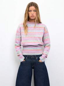 Nöista Multicolor Striped Knit Sweater With Ribbed Waist. Fall, Back To School And Everyday Style. - Pink - View 4