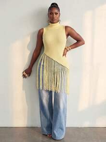 BamGlimmer Women's Solid Color High Neck Tassel Hem Sleeveless Knit Top - Yellow - View 6