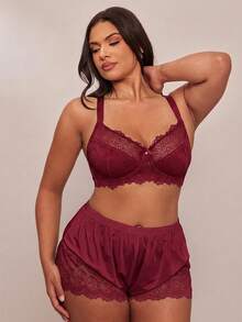 SHEIN BAE CURVE 聖誕蕾絲拼接大尺碼鋼圈內衣 - 酒紅色 - 查看 4