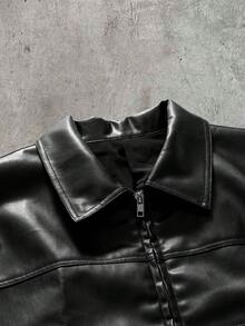 AXEPEAK 男士純色翻領長袖前拉鍊PU皮革夾克 - 黑色 - 查看 3