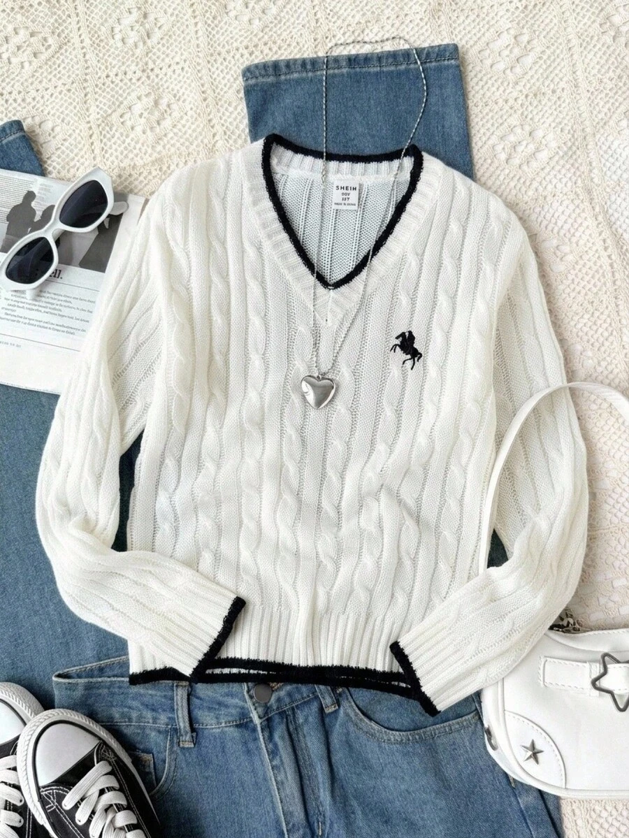 SHEIN 1件女款毛衣,時尚復古麻花編織,黑色飾邊修身百搭V領,小馬刺繡圖案,極簡休閒風,適中厚度整齊下擺,適合日常穿著、外出、戶外聚會、派對等,秋冬穿搭 - 白色 - 查看 1
