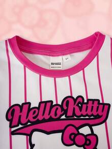 HELLO KITTY AND FRIENDS | SHEIN Setelan Kaos Lengan Pendek Bergaris dan Rok Belahan untuk Anak Perempuan - Berwarna merah muda - View 4