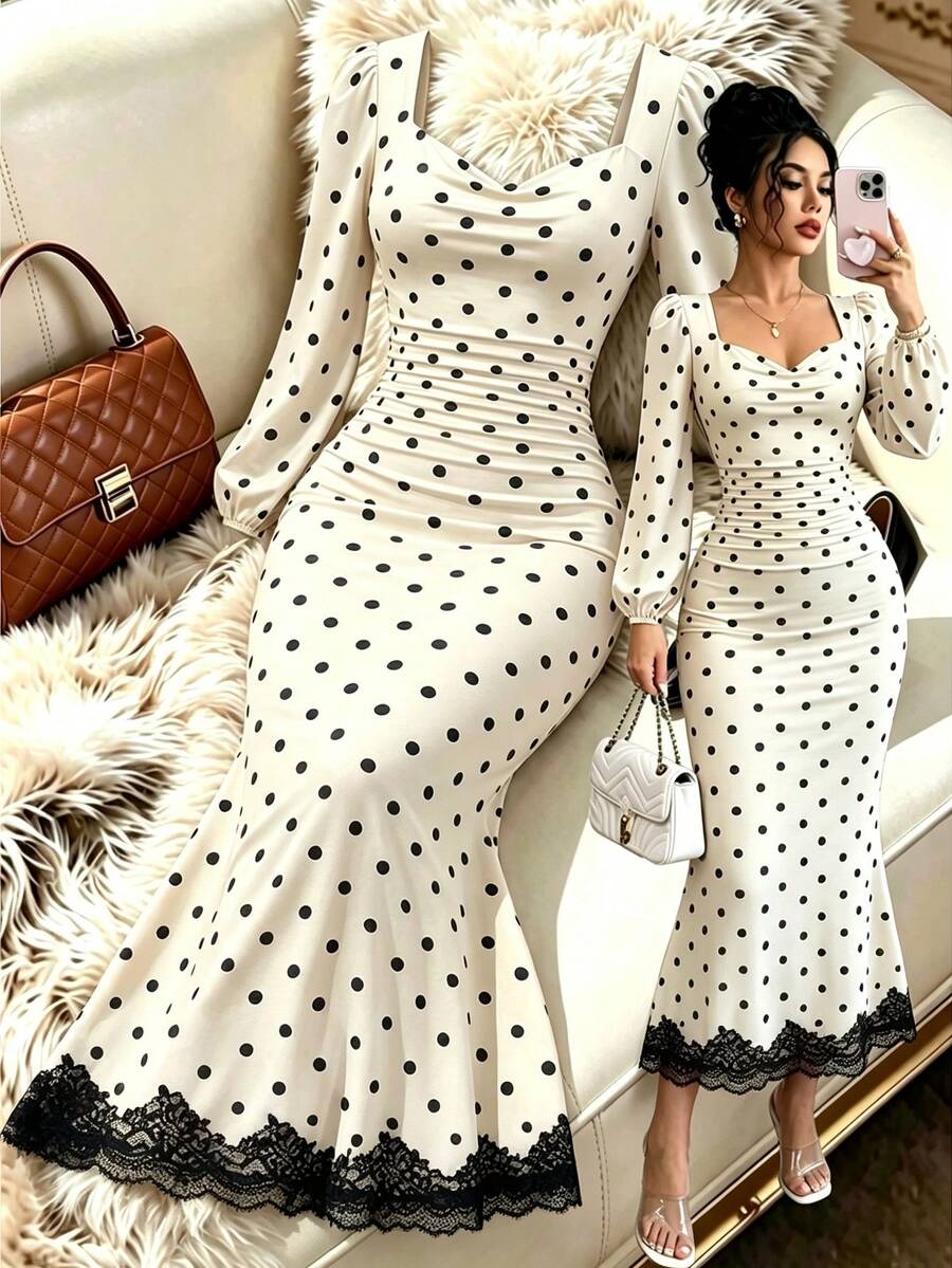 SHEIN Raffinéa 女款春夏/秋冬優雅精緻V領長袖收腰波點長洋裝,拼色蕾絲拼接設計,適合外出、約會與通勤 - 彩色 - 查看 1