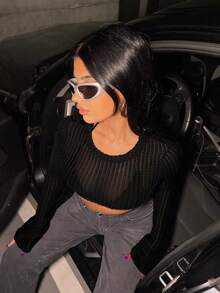 SHEIN ICON Spring Black Solid Crop Top Without Bra - Black - View 4