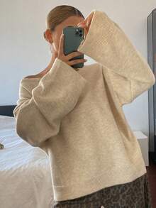 DAZY Women's Solid Color Loose Asymmetric Cold Shoulder Long Sleeve Casual Vacation Spring Autumn Pullover Knit Sweater - Apricot - View 2