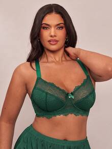 SHEIN BAE CURVE 1件加大码蕾丝拼接钢圈文胸，圣诞节 - 綠色 - 查看 5