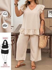 SHEIN CURVE+ 2pcs Plus Size Women's Solid Color Back Single-Row Button Short Sleeve Shirt And Pants Set - Khaki - View 1