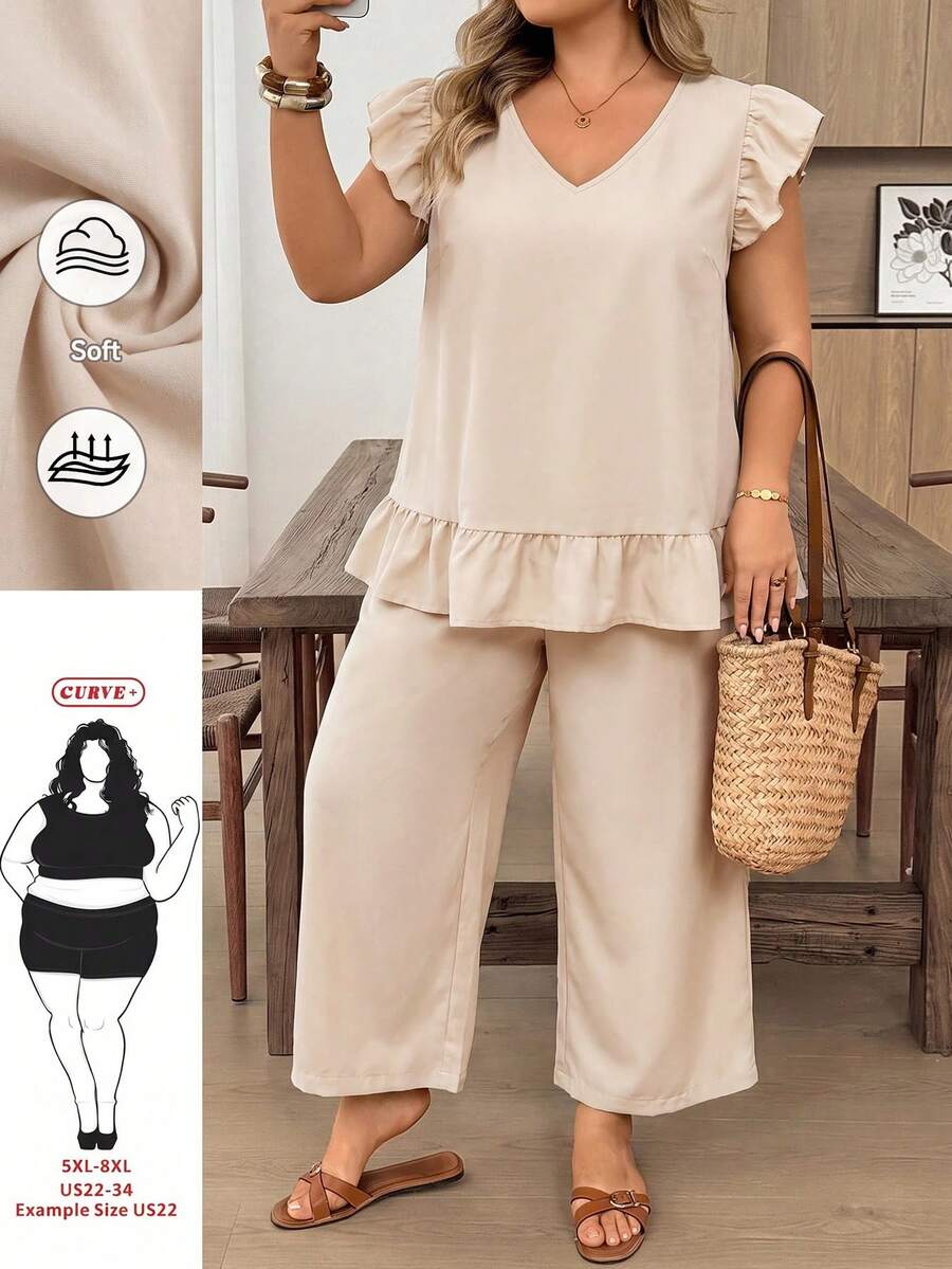 SHEIN CURVE+ 2pcs Plus Size Women's Solid Color Back Single-Row Button Short Sleeve Shirt And Pants Set - Khaki - View 1