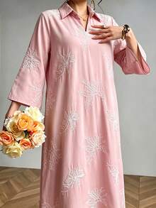 Al Najma Collared Eyelet Embroidery Casual Long Dress - Dusty Pink - View 4