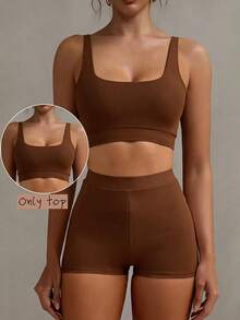 YARNWELL Women's Solid Color Cropped Swim Top, Suitable For Summer Vacation And Beach - Brown - View 2
