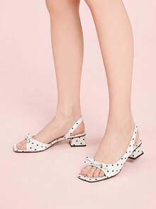 CUCCOO DOLLMOD Women's Shoes, Beige Upper Black Polka Dots, Satin Texture, Back Strap Sandals, Bow Square Toe Low Chunky Heels, Elegant Commuting Out Versatile Fash - Black and White - View 4