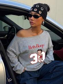 Betty Boop x SHEIN SHEIN EZwear 淺灰色女款露肩聯名印花鬆身休閒長袖衛衣，34%棉，適合外出、返校、街頭穿搭，春秋款 - 灰色 - 查看 4