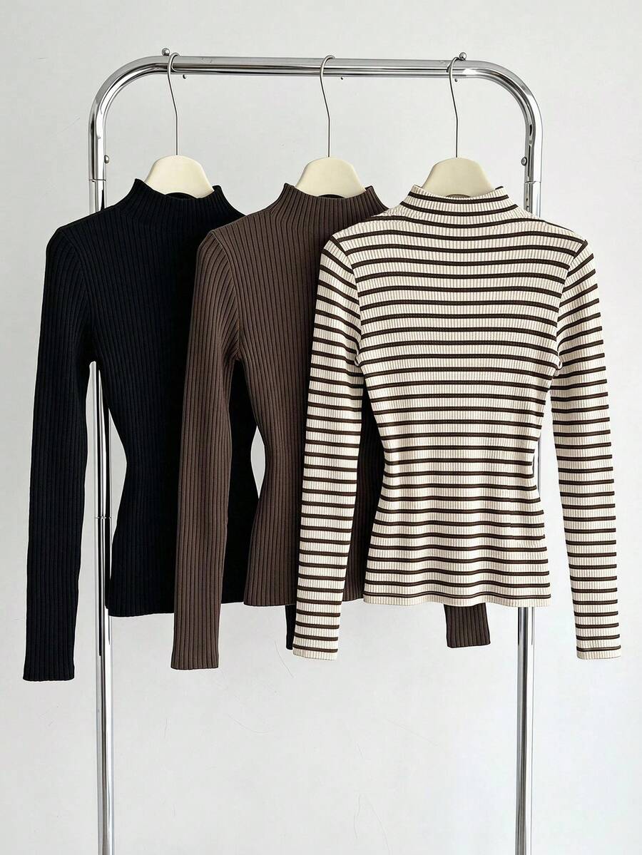 SHEIN LUNE 女款3件組素色條紋休閒秋冬基本款疊穿度假通勤日常時尚長袖T恤外套 - 彩色 - 查看 1