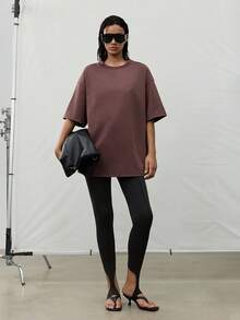MERLEAU-F Camiseta de manga corta de unicolor casual versátil para uso diario, salidas nocturnas, marrón oscuro, verano, oficina casual, atuendos de trabajo para mujeres - Óxido marrón - Ver 5
