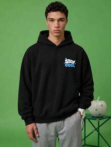FROVYX Black Short Loose Drop Shoulder Hoodie, Cartoon Letter Print, Casual & Fun, Suitable For Daily Wear - Black - View 3