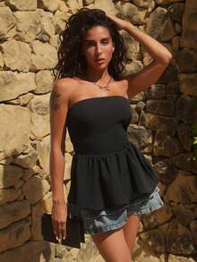ZOE BAYONA Atasan Wanita Ruched Ruffle Hem Zip Plain Casual - Hitam - View 5