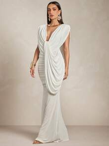 Silquee Women's Sexy Off-White Deep V-Neck Slim-Fit Dress With Draped Pleats Elegant Casual Luxury Formal Festival Party Dinner Formal Wedding Summer - White - View 5