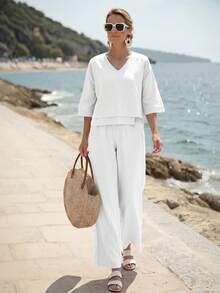 Faunlyn Women's Solid Color V-Neck Top And Long Pants Casual Minimalist Tropical Daily Vacation 2 Pieces Set All White Autumn - White - View 8