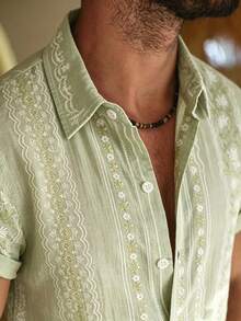 Manfinity Homme Men's Floral Print Single-Breasted Short Sleeve Shirt And Shorts Set - Light Yellow - View 4