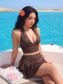 Sweetina 女款度假海灘波點印花露背掛脖上衣與裙子兩件套 - 棕色 - 查看 5