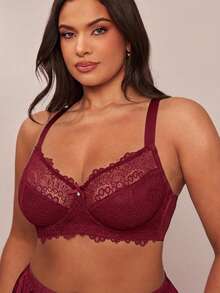 SHEIN BAE CURVE 聖誕蕾絲拼接大尺碼鋼圈內衣 - 酒紅色 - 查看 7