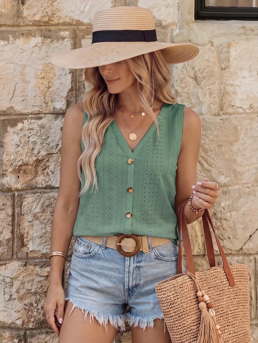 EMERY ROSE Eyelet Embroidery Button Front Tank Top - Green - View 1