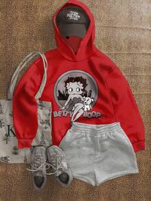 Betty Boop x SHEIN SHEIN EZwear 休閒極簡卡通印花連帽長袖寬鬆加厚女款運動衫 - 紅色 - 查看 5