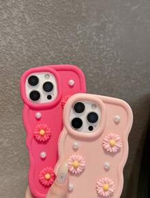 Casing Ponsel Tepi Gelombang Bunga Daisy Mutiara Kompatibel dengan iPhone 17 Pro Max, Lucu, Feminin, Lembut, TPU, Bumper, Tahan Guncangan, Pas Ramping, Pelindung - Berwarna merah muda - View 3