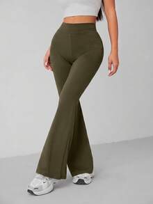 SHEIN PETITE 女款素色休閒百搭喇叭長褲街頭時尚風 - 軍綠色 - 查看 4