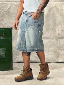 Men's Casual Pocketed Button Denim Shorts, Versatile For Daily Wear Cargo Pants - Blue - View 4