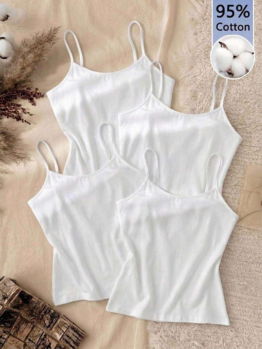 Tseoso 4pcs Casual Minimalist Versatile White Solid Color 95% Cotton Fitted Cropped Tank Tops For Women, Suitable For Spring And Summer - Multicolor - View 1